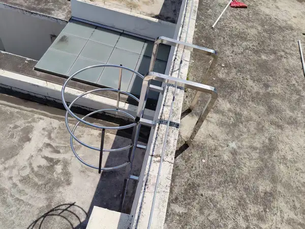 Échelle fixe en inox avec crinoline installée sur site industriel