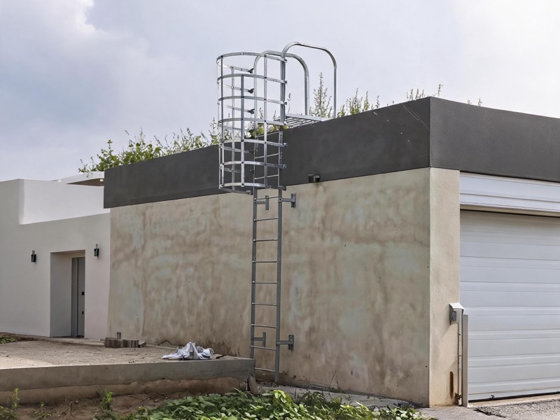 Installation d'une échelle fixe avec protection sur site industriel, accès en hauteur sécurisé